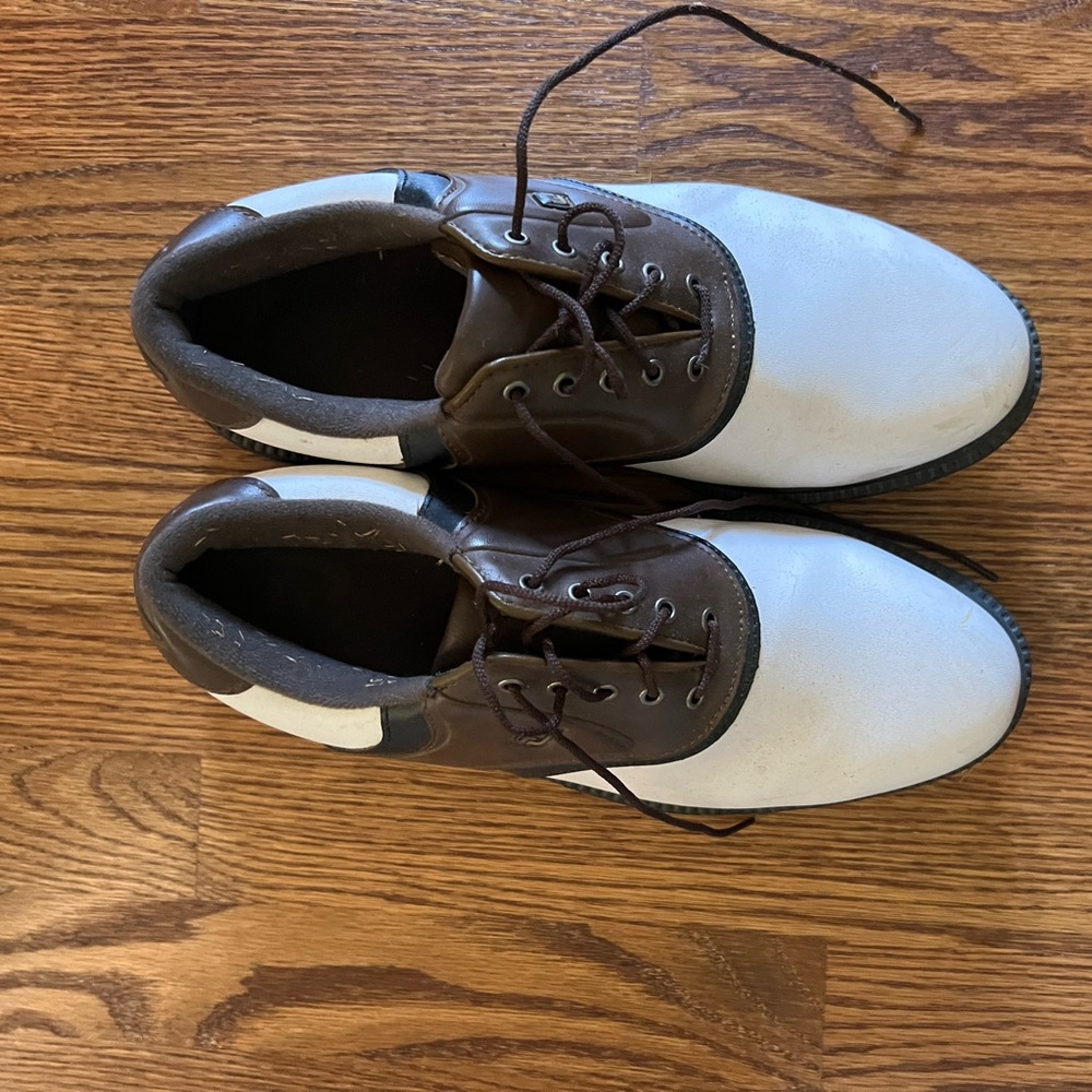 FootJoy Golf men’s saddle brown and white cleated golf shoe